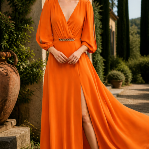 Vestido largo naranja con abertura lateral.