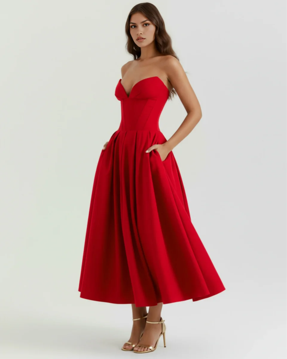 Vestido midi palabra de honor con falda amplia - Imagen 5