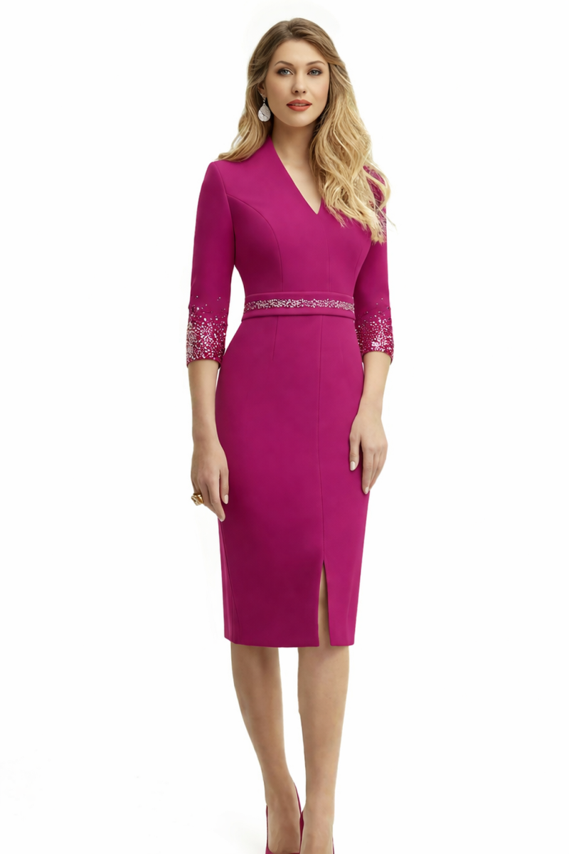 Vestido corto de ceremonia elegante con manga, color buganvilla. - Imagen 2