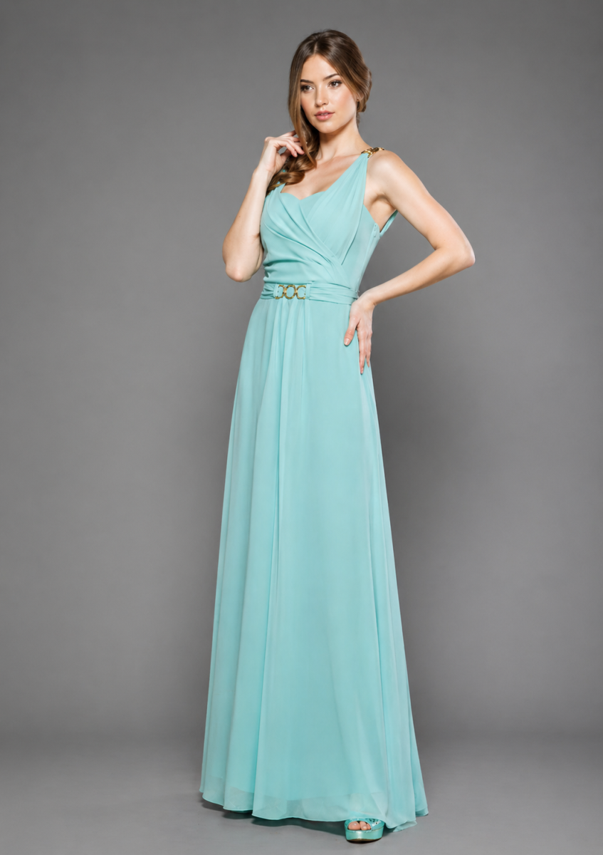 Vestido largo de fiesta en gasa y tirante cruzado en espalda. - Imagen 3