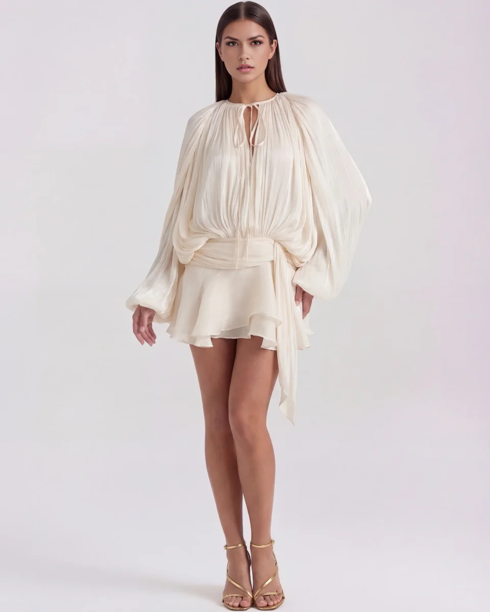 Vestido corto fluido con manga abullonada - Imagen 7