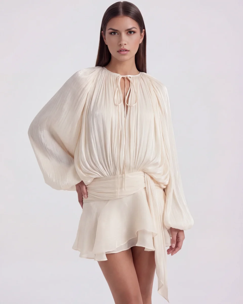 Vestido corto fluido con manga abullonada - Imagen 6