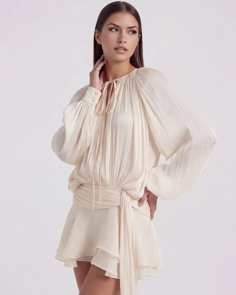 Vestido corto fluido con manga abullonada - Imagen 8
