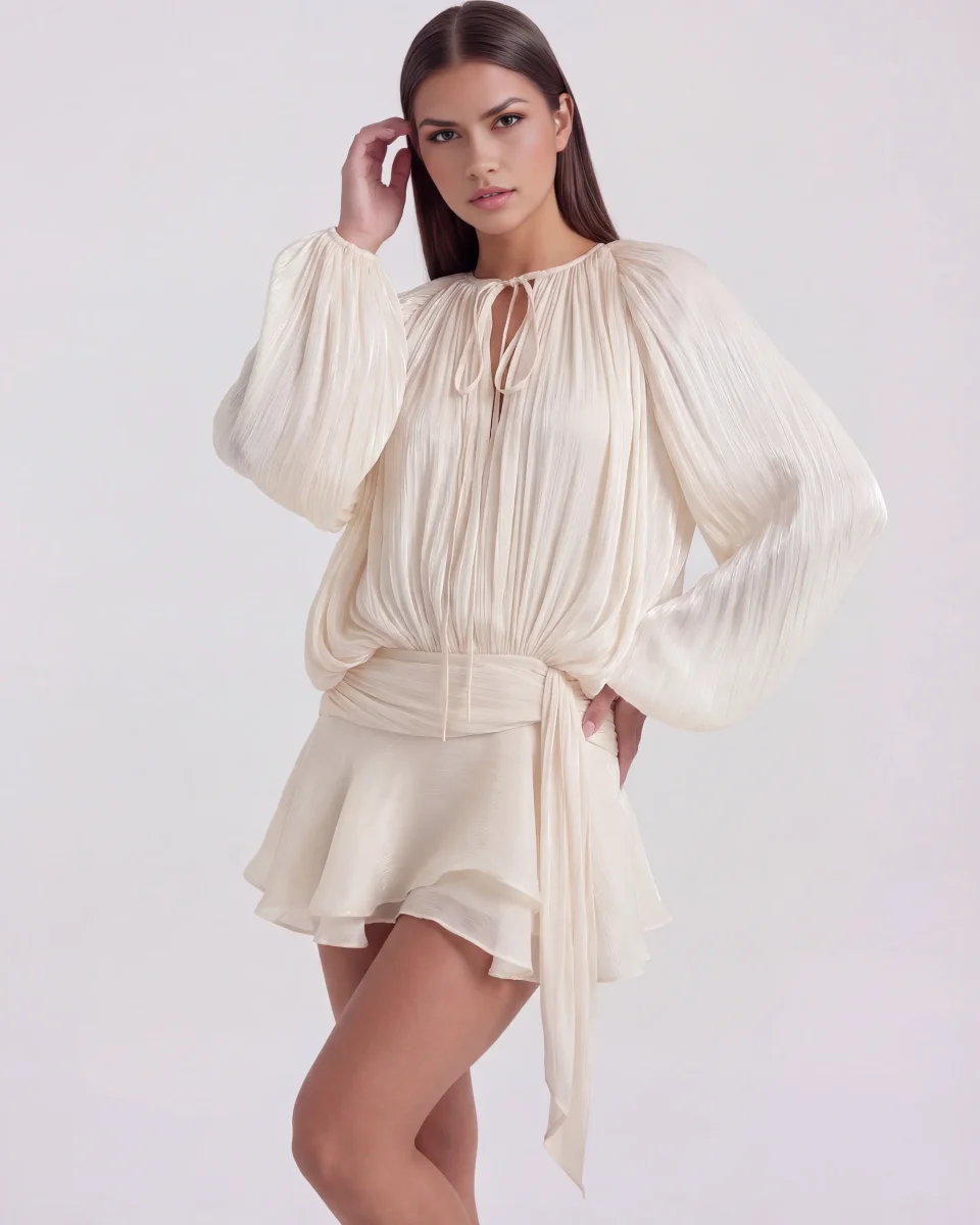 Vestido corto fluido con manga abullonada - Imagen 4