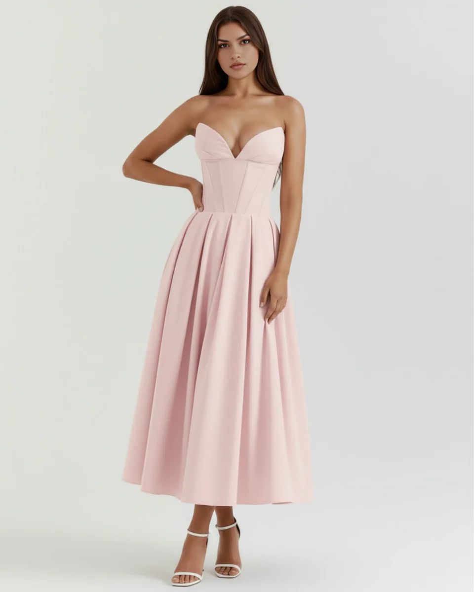 Vestido midi palabra de honor con falda amplia - Imagen 2