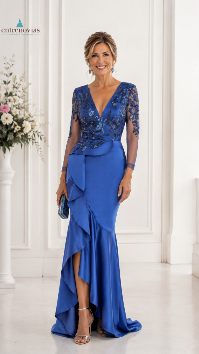 Vestido de madrina en encaje joya con falda de satén.