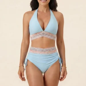 Bikini de tiro alto con top halter y detalle elástico