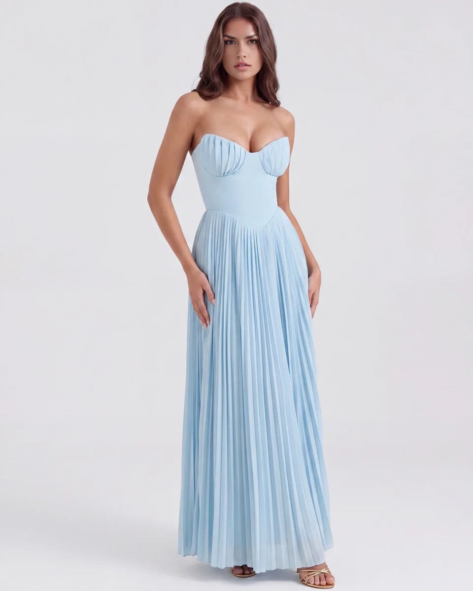 Vestido largo plisado con escote palabra de honor - Imagen 3