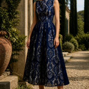 Vestido corto de invitada de encaje en azul marino.