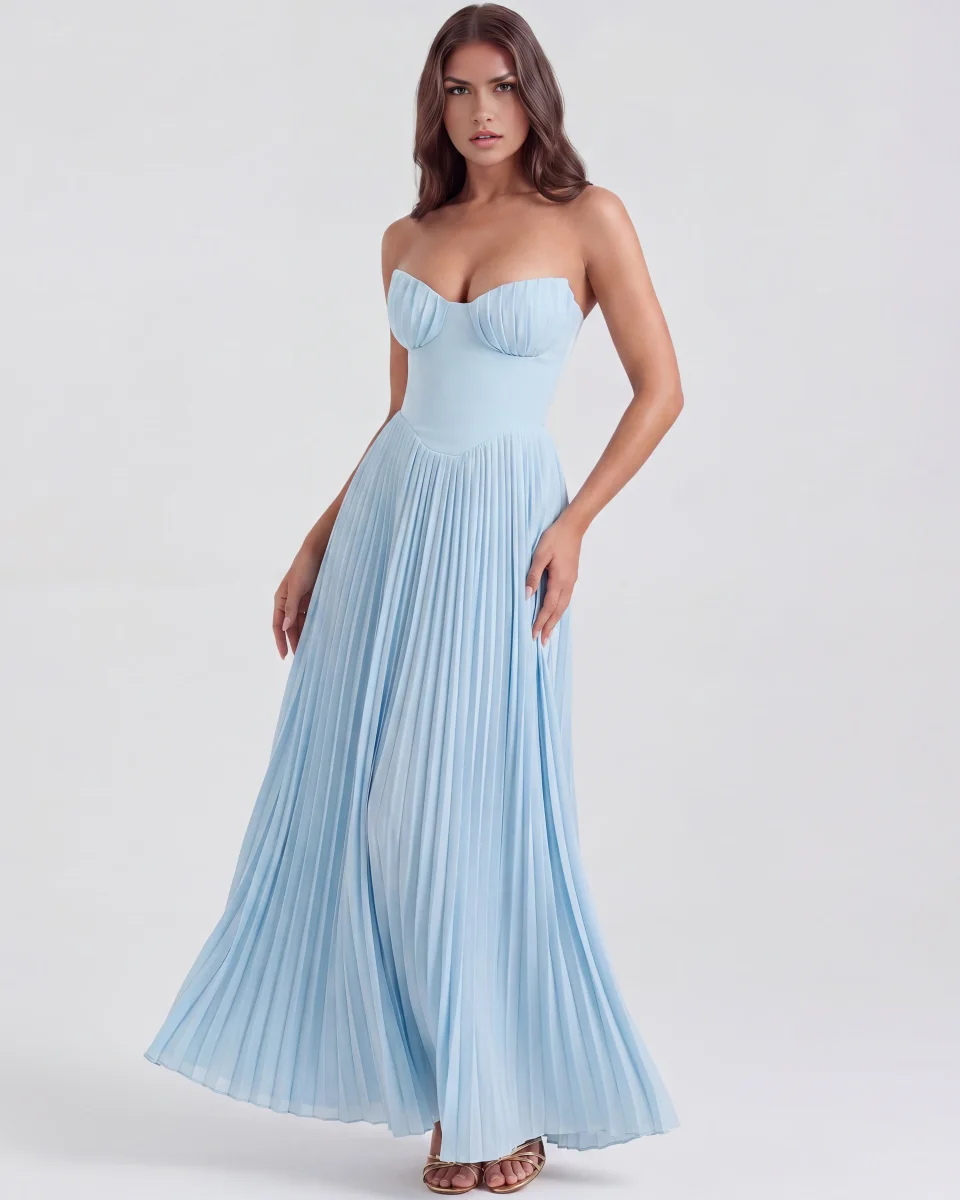 Vestido largo plisado con escote palabra de honor - Imagen 5