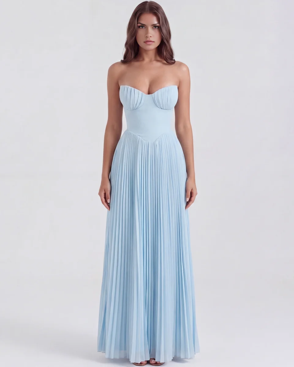 Vestido largo plisado con escote palabra de honor