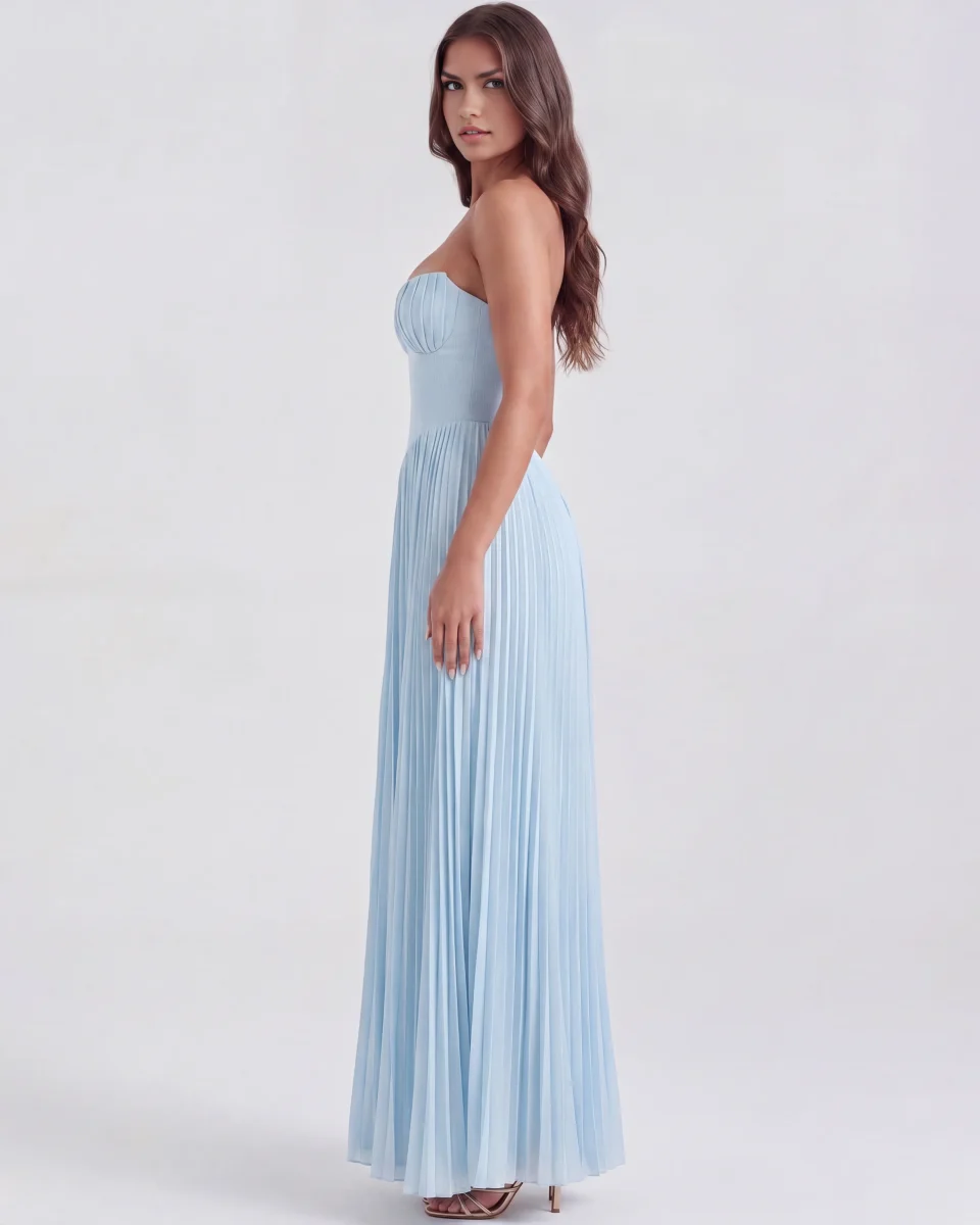Vestido largo plisado con escote palabra de honor - Imagen 6