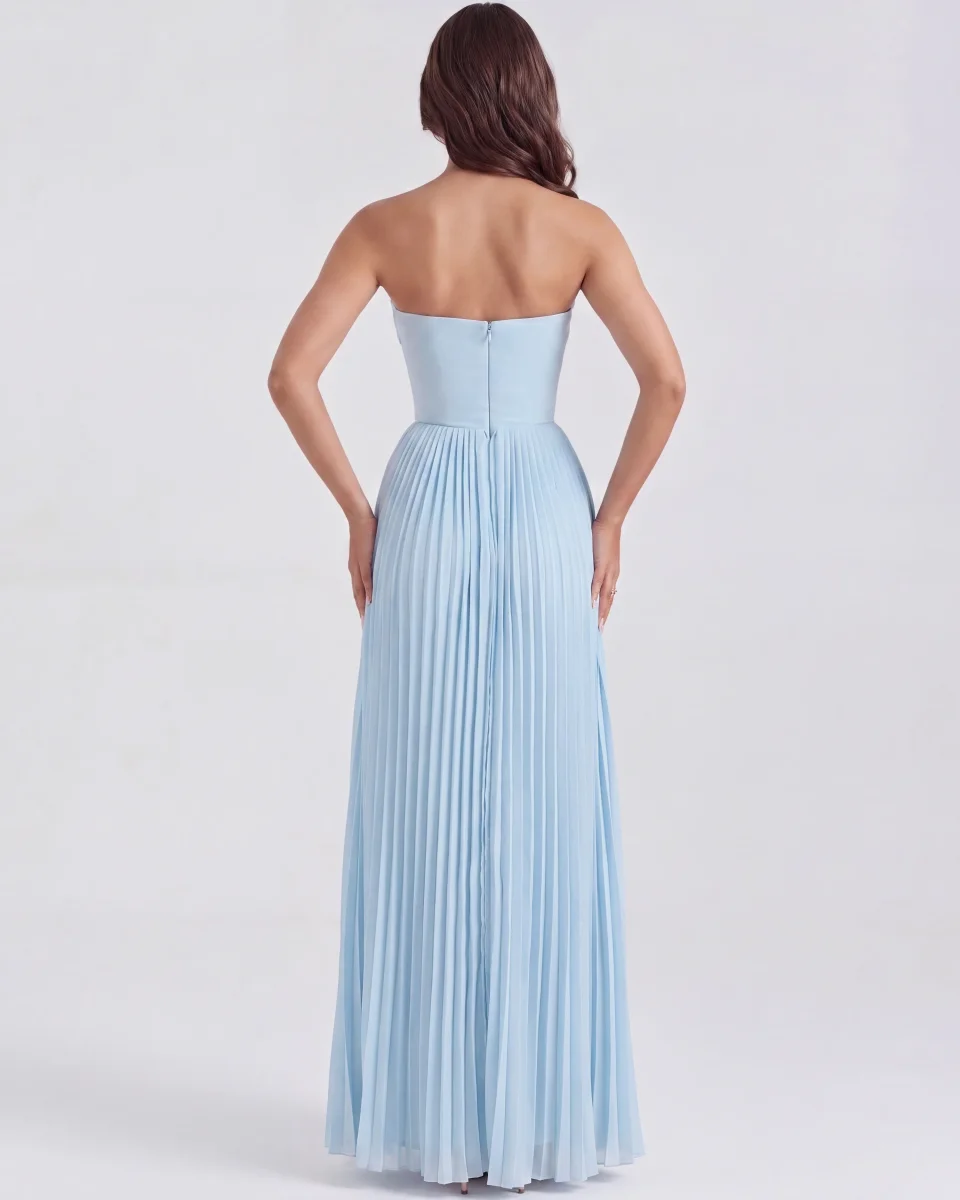 Vestido largo plisado con escote palabra de honor - Imagen 9