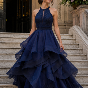 Vestido largo corte princesa con encaje y escote halter.