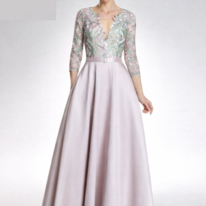 Vestido de fiesta Midi con cuerpo de tul bordado y falda de Mikado.
