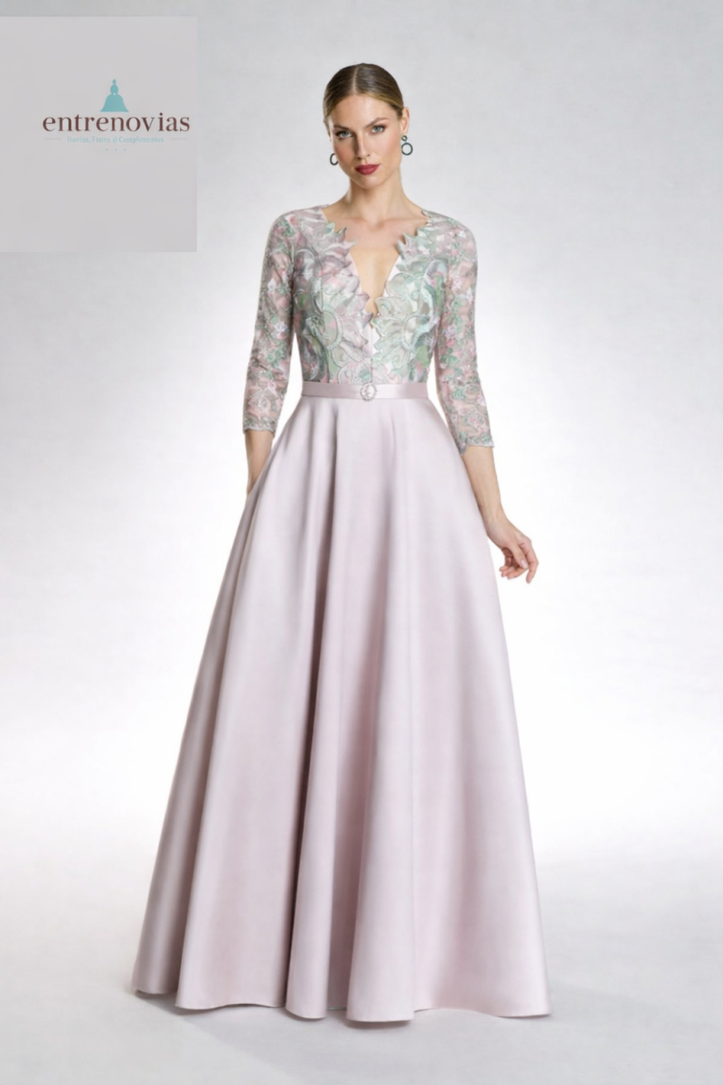 Vestido de fiesta Midi con cuerpo de tul bordado y falda de Mikado. - Imagen 2