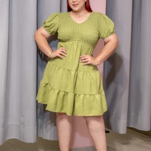 Vestido Corto Curvy Escote V Resorte Manga Abullonada Verde Olivo