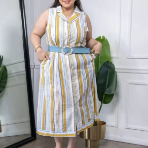 Vestido Midi Curvy Sin Manga a Rayas Blanco