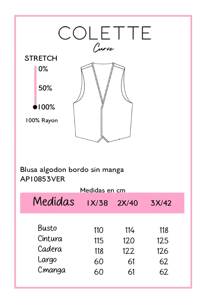 Blusa Curvy Sin Manga, Bordado Escote Redondo Verde Limon - Imagen 3