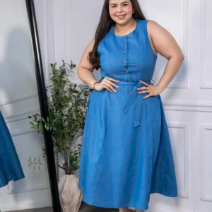 Vestido Curvy Midi Corte A Botones y Cinto Azul Cielo