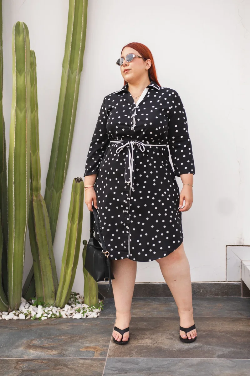Vestido Camisero Polka con Lazo Curvy Negro - Imagen 8