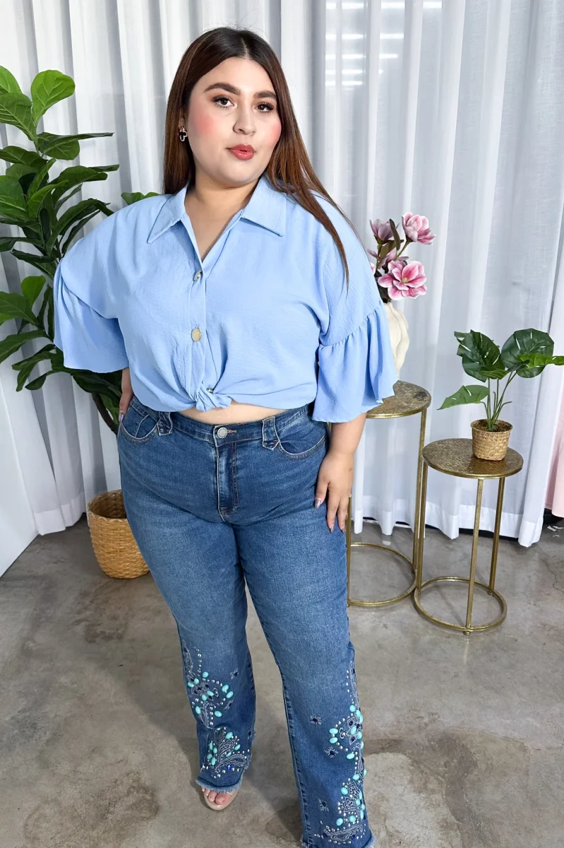 Camisa Curvy Olanes en Manga Azul Femenina Romántica - Imagen 5