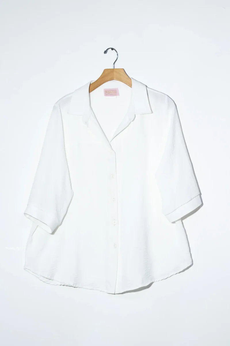 Camisa Curvy Lisa Manga 3/4 Blanco y Verde Versátil Oficina - Imagen 4