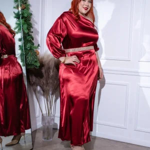 Vestido Curvy Satín One Shoulder Tinto Statement Eventos Noche