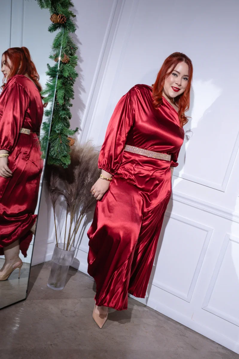 Vestido Curvy Satín One Shoulder Tinto Statement Eventos Noche - Imagen 5