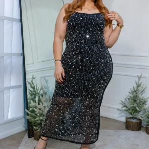 Vestido Curvy Mesh con Cristales Negro Statement Gala Premium