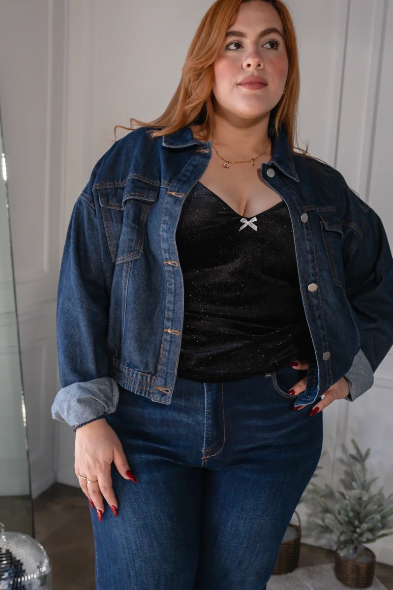 Blusa Curvy Tirantes con Brillos Negra Statement Eventos Noche - Imagen 4