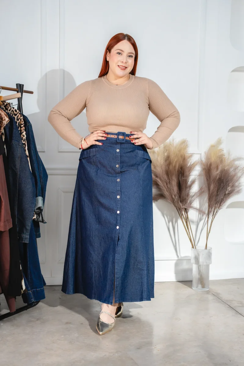 Falda Curvy Denim con Cinto Mezclilla Casual Versátil Femenina