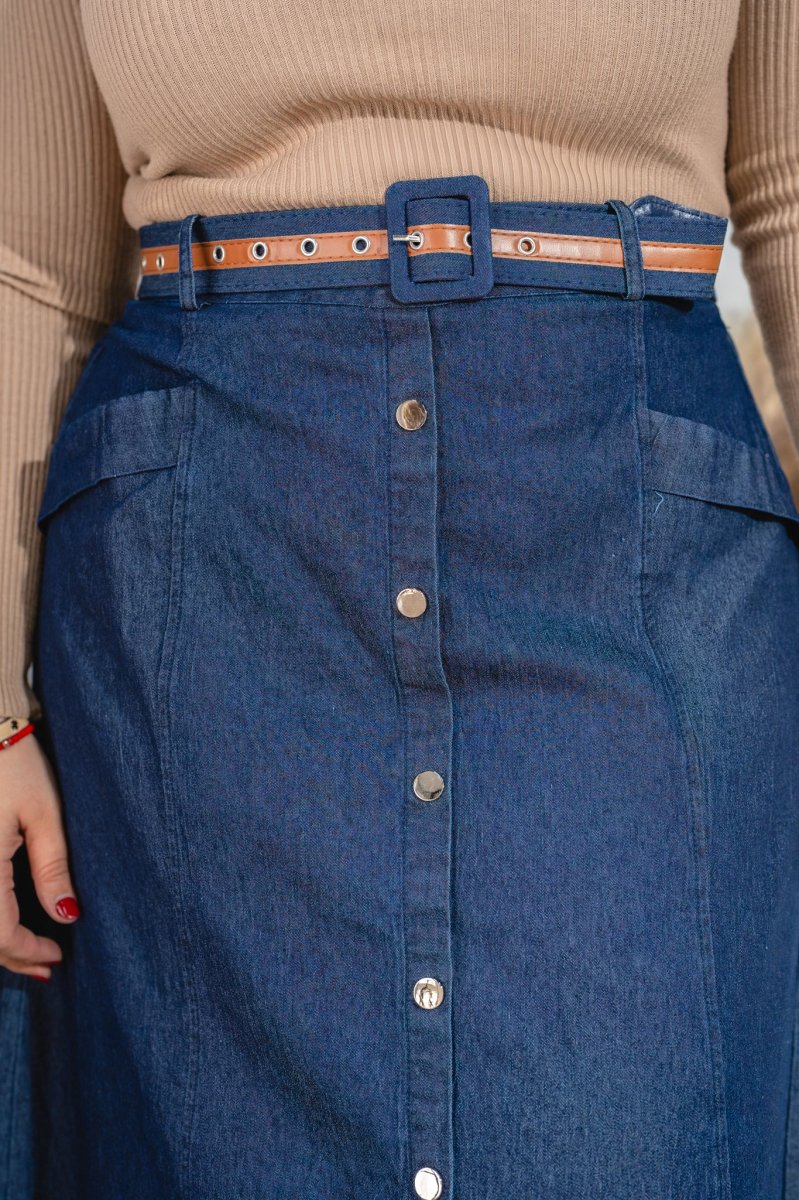 Falda Curvy Denim con Cinto Mezclilla Casual Versátil Femenina - Imagen 7
