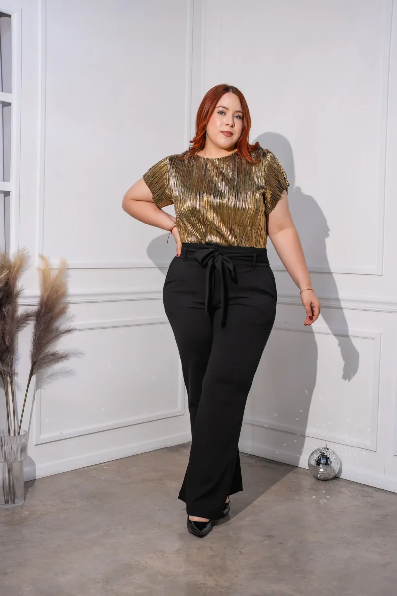 Pantalón Curvy Vestir Recto Negro con Cinto Lazo Sofisticado - Imagen 8