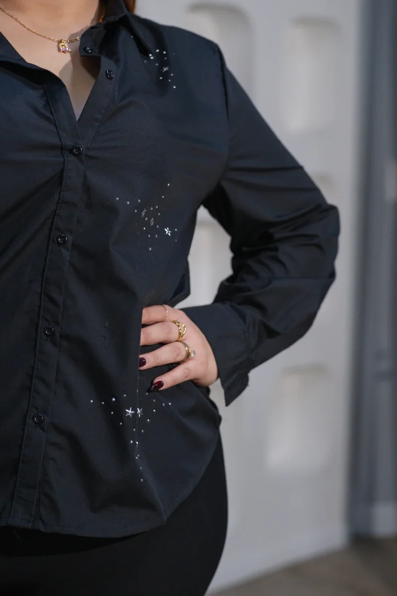 Camisa Curvy Manga Larga Brillos Negro Elegante - Imagen 7