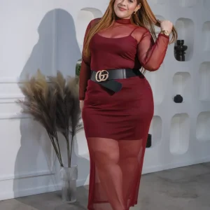 Maxi Vestido Curvy Mesh Tinto Statement Femenino Sofisticado