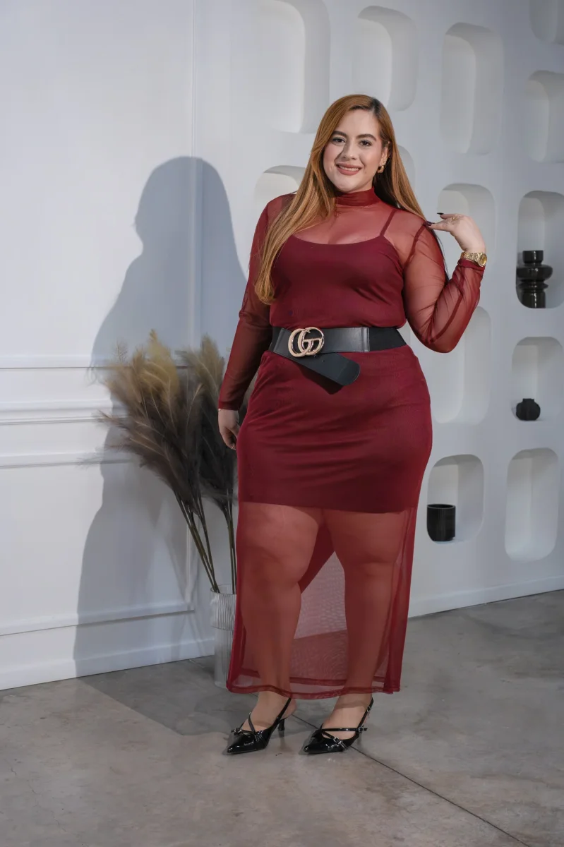 Maxi Vestido Curvy Mesh Tinto Statement Femenino Sofisticado - Imagen 5