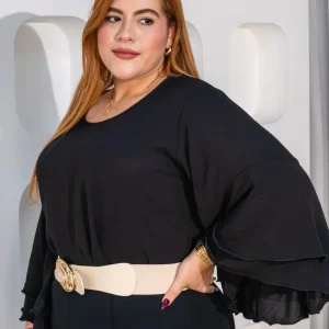 Blusa Curvy Lisa Manga Campana Negra Femenina Versátil