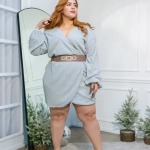 Vestido Curvy Corto Cruzado Brillos Plata Statement Gala