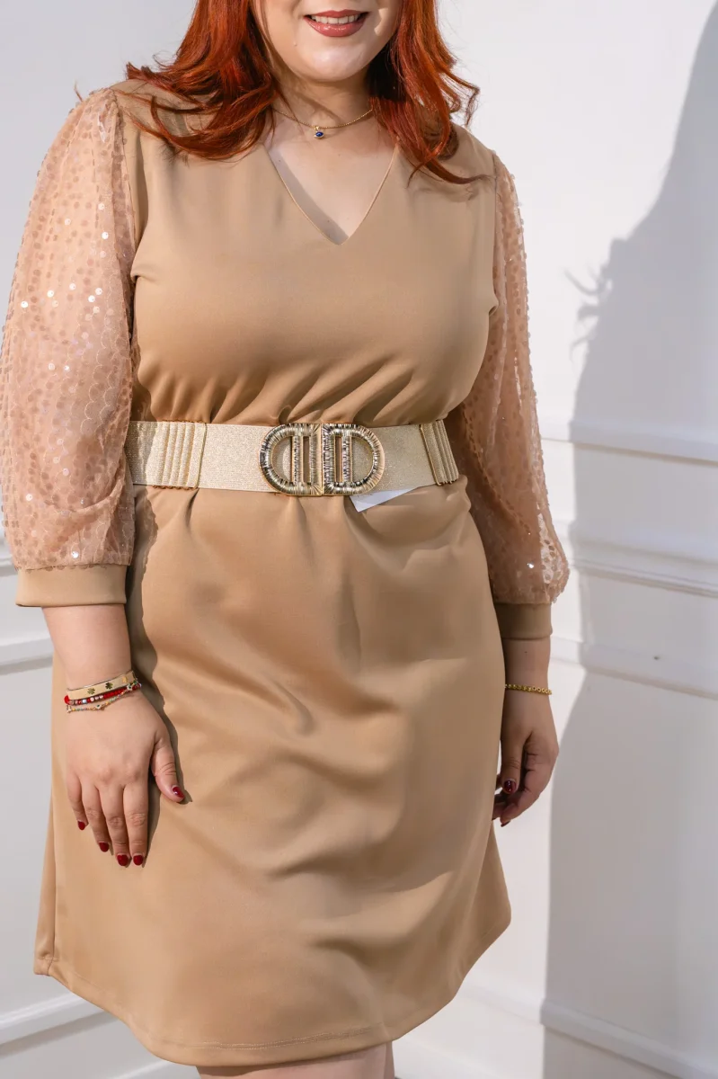 Vestido Curvy Detalle Lentejuela en Manga Beige Statement - Imagen 8