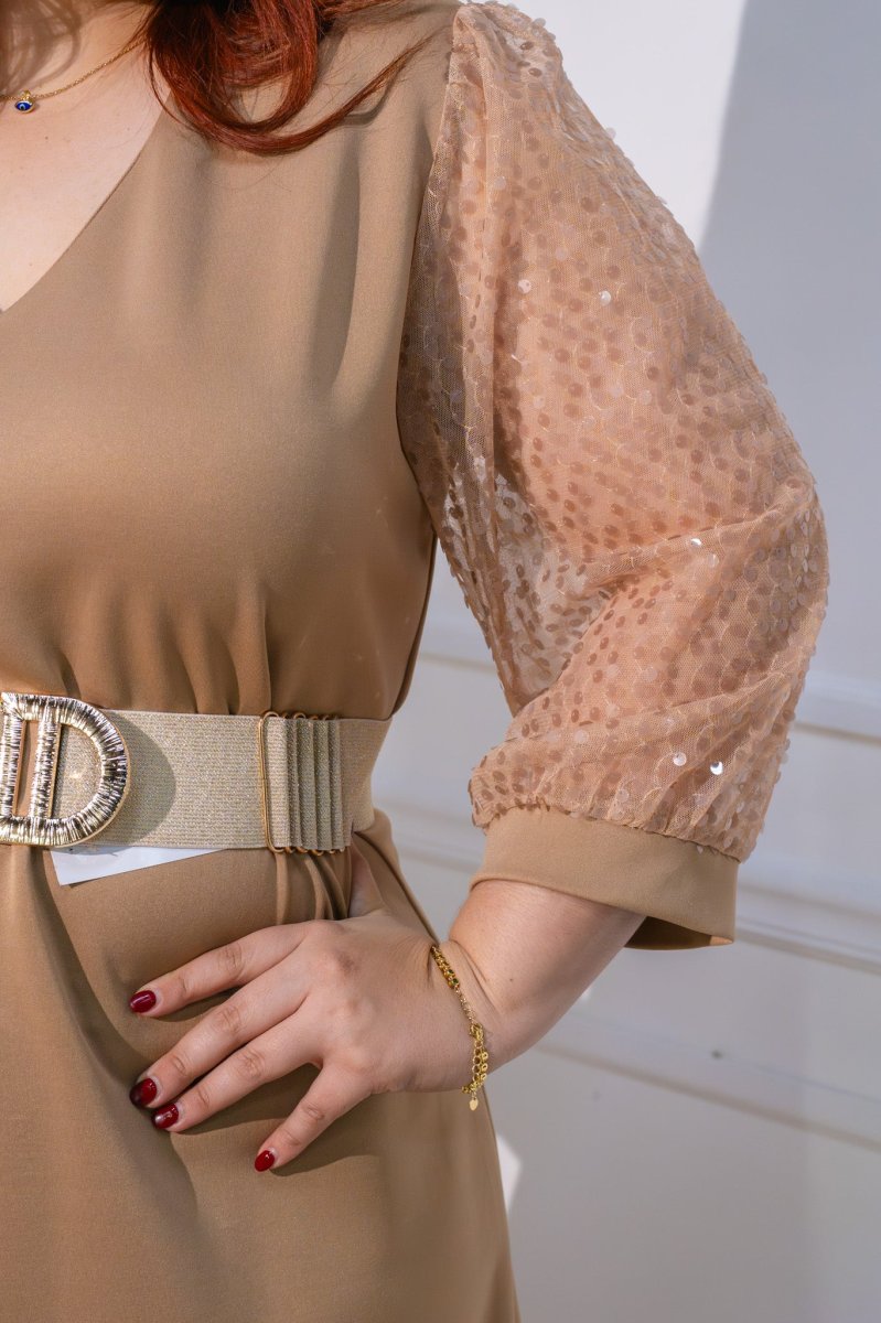 Vestido Curvy Detalle Lentejuela en Manga Beige Statement - Imagen 9