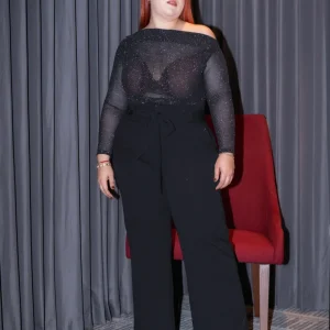 Pantalón Curvy Vestir Recto Negro con Cinto Lazo Sofisticado