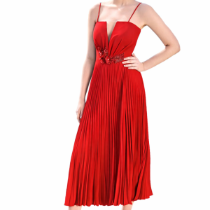 Vestido verde con falda plisada rojo