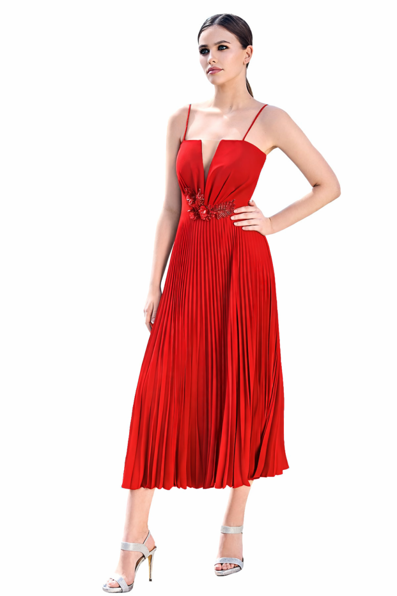Vestido verde con falda plisada rojo - Imagen 2