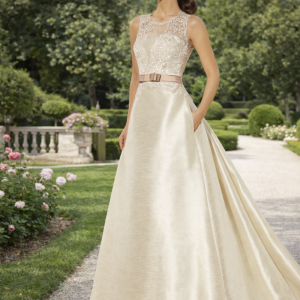 Vestido de novia de lino de encaje y lentejuelas.