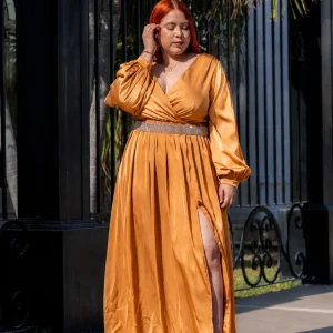Vestido Largo Curvy Satín Dorado Elegante