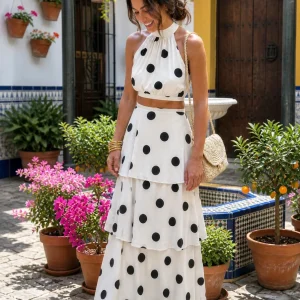 Conjunto top y falda larga de lunares