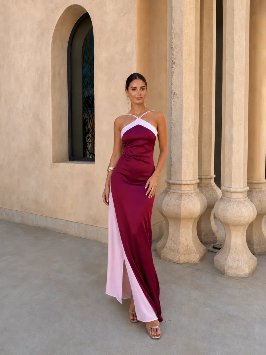 Vestido largo satinado con escote cruzado - Imagen 2