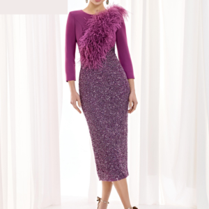 Vestido midi de madrina o invitada en crepé y tul con lentejuela plana.