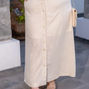 Falda Curvy Larga Lino Botones Frontales Cintura Elástica